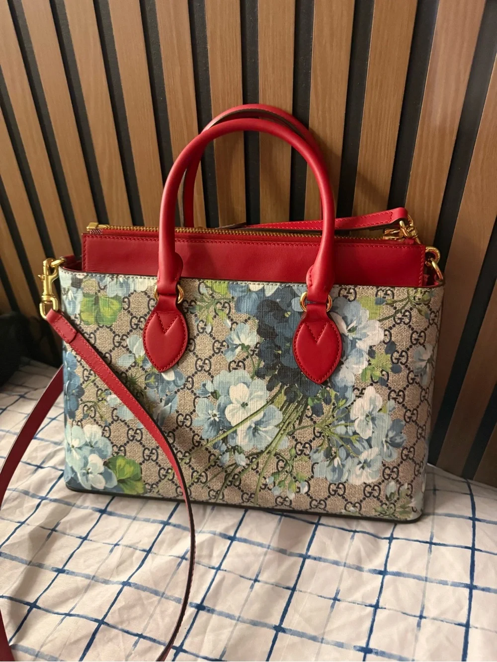 Gucci Floral GG Supreme Satchel with Red Leather Trim